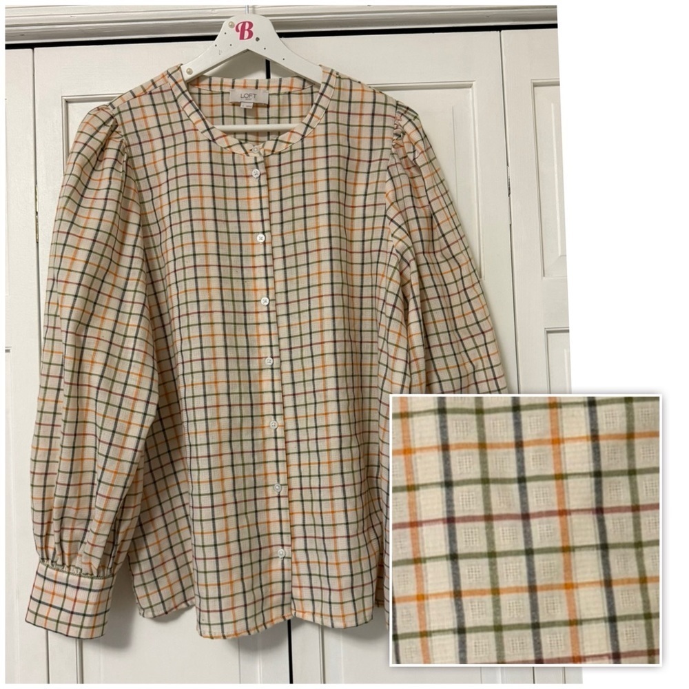 Loft Button Down Bishop Sleeve Checkered Plaid Blouse Prairie Peasant Cottage